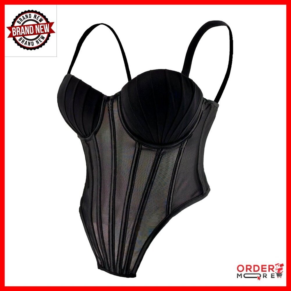 Sheer Mesh Corset Top with Pleated Cups Underwire Bustier Adjustable Straps - Picture 1 of 7